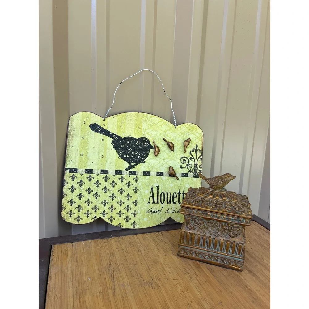 French Country Bird Decor Set Alouette Magnetic Wall Sign and Ornate Trinket Box